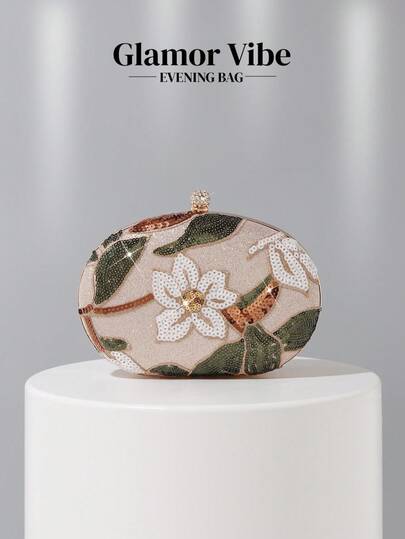 1pc Glamor Vibe Sequin Floral Embroidered Clutch Bag, Hard Box Style Purse, Bridesmaid Handbag, Formal Party Bag, Wedding Clutch, Suitable For Women Attending Formal Events, Weddings And Galas, With Detachable Chain, Showcasing An Elegant Style.