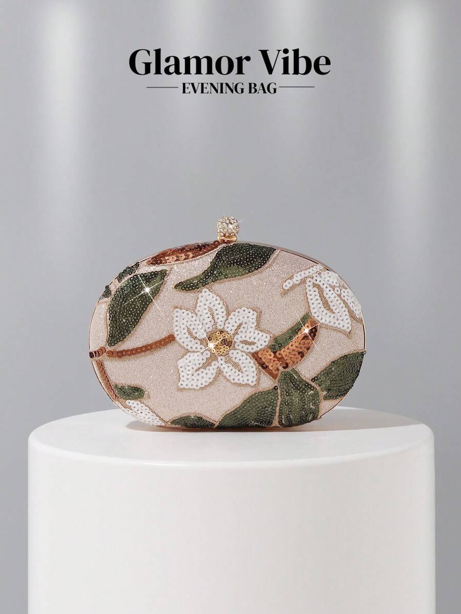 1pc Glamor Vibe Sequin Floral Embroidered Clutch Bag, Hard Box Style Purse, Bridesmaid Handbag, Formal Party Bag, Wedding Clutch, Suitable For Women Attending Formal Events, Weddings And Galas, With Detachable Chain, Showcasing An Elegant Style. - Champagne - View 1