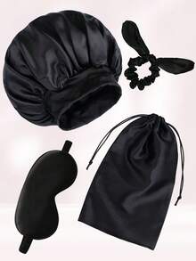 4pcs Hair Care Tool Set 1pc Satin Night Hat Bonnet Elastic Band Wide Brimmed Sleeping Caps 1 Pc Bow Cute Hair Tie /Scrunchies 1 PC Satin Eye Mask 1 PC Satin Bag Sleep Essentials Travel Set Solid Black Pink Burgundy Purple Gold - A - View 12