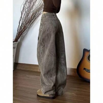 Vintage Curved Jeans for Men Women, Floor Length Slim Fit Street Hiphop Loose Wide Leg Pants