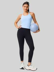 Women's Racerback Cropped Sports Tank Top, Breathable Ribbed Removable Padding Fitness Tank Top. - Light Blue - View 5