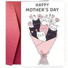 1pc Mother's Day Card, Designed By Daughter Or Son For Mom, Cute Kitten Bouquet Design, Mother's Day Theme, Includes Fresh Flowers And Sincere Blessings - View 2