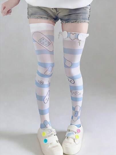 1双夏季日系亚文化甜美可爱白色长筒袜，卡通动漫印花过膝/及膝天鹅绒袜，软妹萝莉角色扮演紧身裤