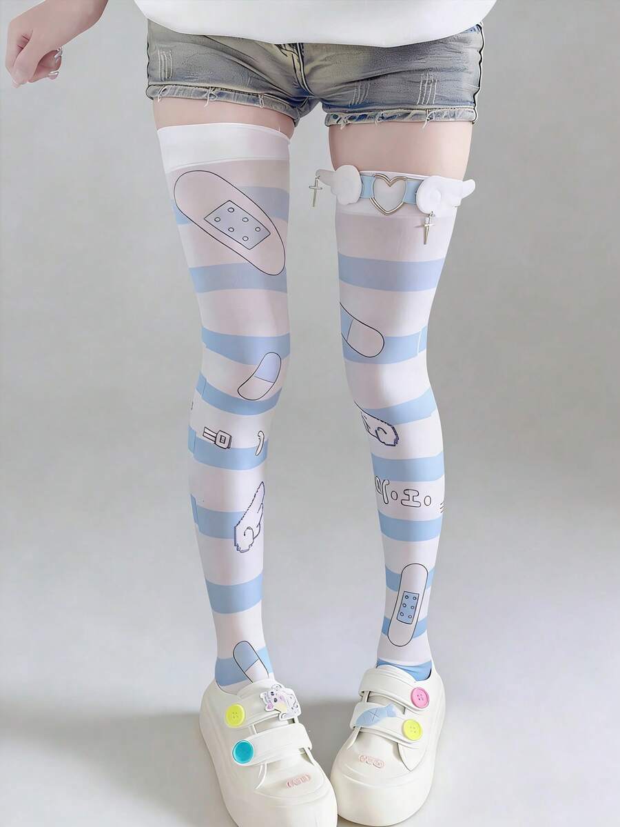 1 đôi tất trắng mùa hè kiểu Nhật Bản ngọt ngào và dễ thương, tất nhung cao đến đùi/qua đầu gối in hình hoạt hình anime đáng yêu, quần tất mềm mại kiểu Lolita để cosplay. - Nhiều màu - Xem 1