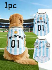 阿根廷宠物足球球衣（适合犬猫） - 条纹设计，印有号码和字母，罗纹袖口和下摆；适合所有宠物品种 - 彩色 - 查看 10