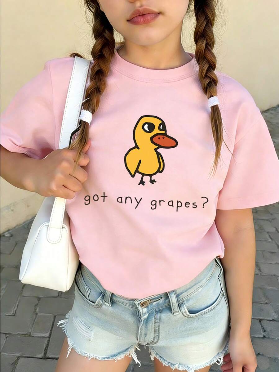 青少年女孩休闲趣味图案印花圆领短袖T恤夏季上衣 - 粉色 - 查看 1