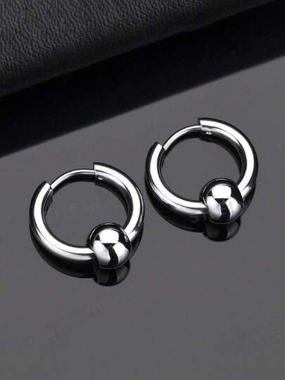 Unisex Retro Stainless Steel Hoop Earrings With Round Beads, Suitable For Men And Women To Wear With Various Outfits Daily