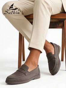 Salkin Mocasines deslizantes de moda para hombres, zapatos casuales de ante sintético, suaves, cómodos, transpirables y duraderos, zapatos planos versátiles para trajes, estudiantes, graduación, negocios, fiestas, bodas, primavera/verano/otoño, tallas grandes, disponibles en varios colores. Nota: Corre pequeño, por favor pida una talla talla grande grande. Elegancia de dinero viejo otoñal - Gris - Ver 3