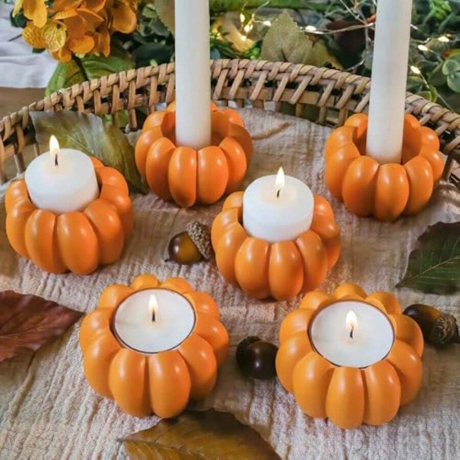 Kate Aspen 2 en 1 Pumpkin Candle Holder Set Orange Fall Taper Tealight and Votive Candle Candle Holder Pumpkin Table Centerpiece decoración de Vela de Otoño Halloween portavelas Juego de 6 - Naranja - Ver 1