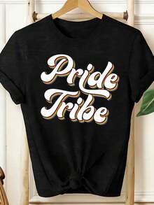 Vintage Women's T-Shirt, Rainbow Text Print 'Pride Tribe', Casual, Sporty, Ideal For Summer, Suitable For Leisure And Sports Activities, Summer Tops. - Black - View 3