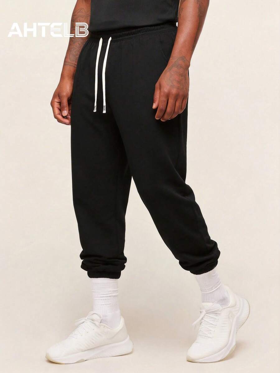 AHTELB 男士直筒针织裤，宽松休闲运动裤，适合春秋季穿着 - 黑色 - 查看 1