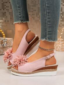 Casual Commute Floral Wedge Sandals For Women, Woven Rope Ankle Strap Open Toe Platform Slides - Pink - View 3