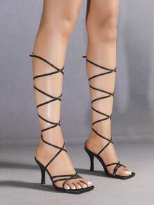 女士黑色方头交叉绑带细高跟凉鞋，露趾性感派对时尚简约舒适高跟鞋，拉长腿部线条 - 黑色 - 查看 5