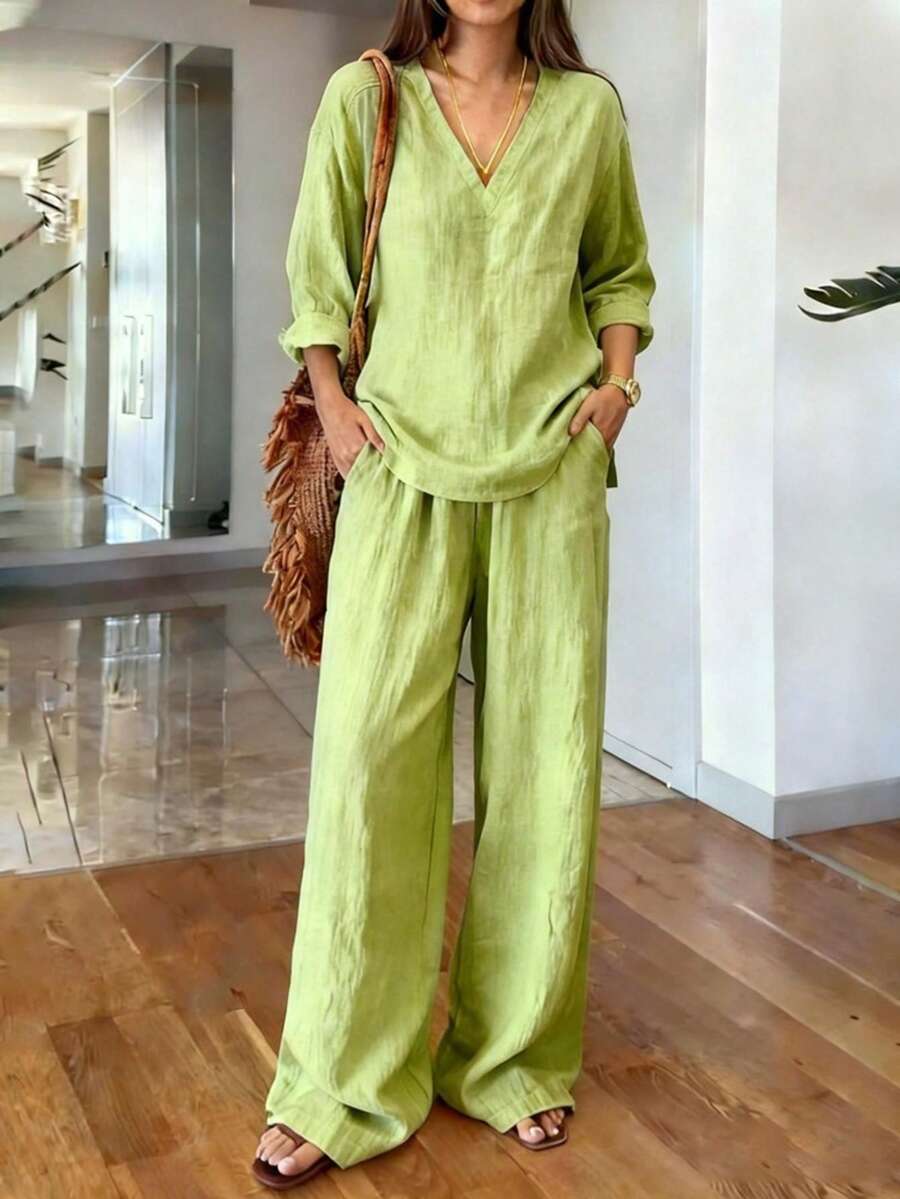 女士夏季标准尺码V领套头衫休闲家居服两件套 优雅 - 螢光綠 - 查看 1
