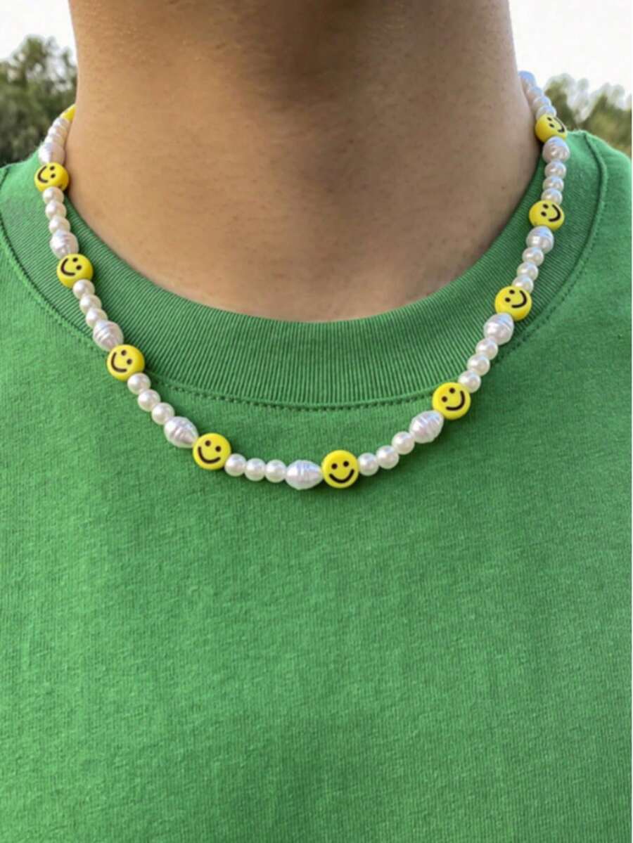 1件欧美简约百搭单层不对称珍珠项链，柔软陶瓷黄色笑脸拼接巴洛克珍珠项链，男士款 - 白色 - 查看 1