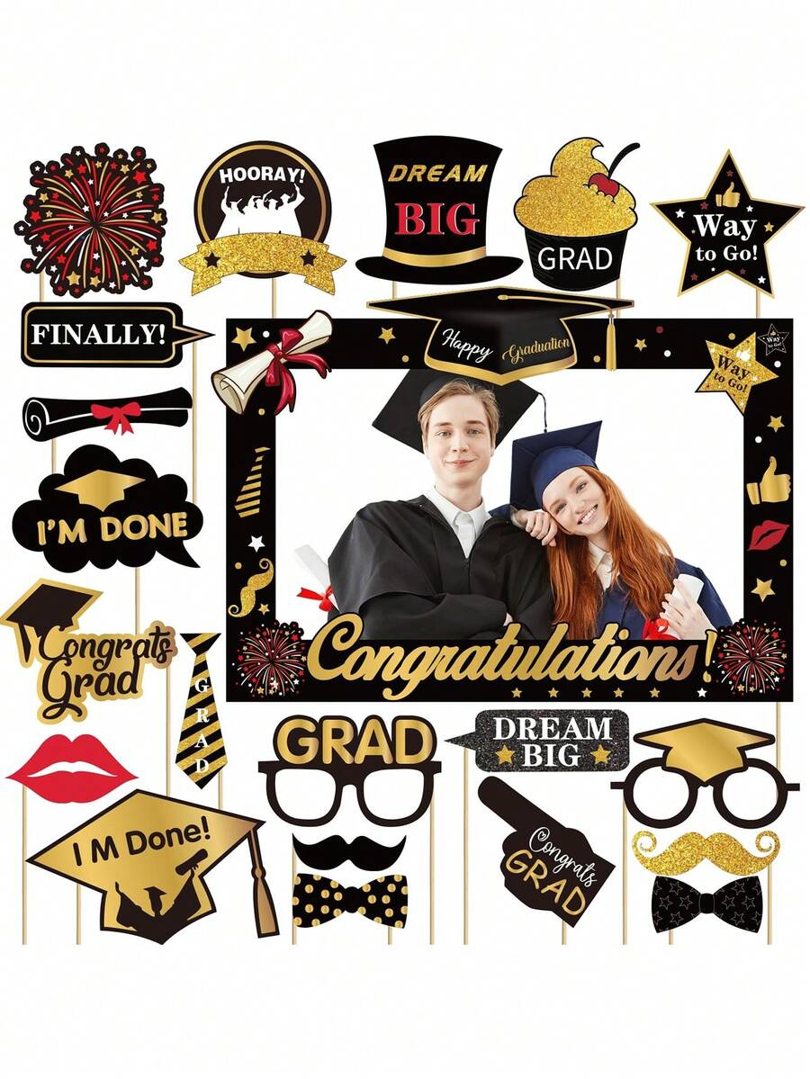 1/19/20件 2026 毕业照相亭道具，黑色金色毕业照相道具框和毕业照相亭道具，有趣的毕业派对自拍道具，大学毕业生自拍相框。 - 拍照道具 - 查看 1