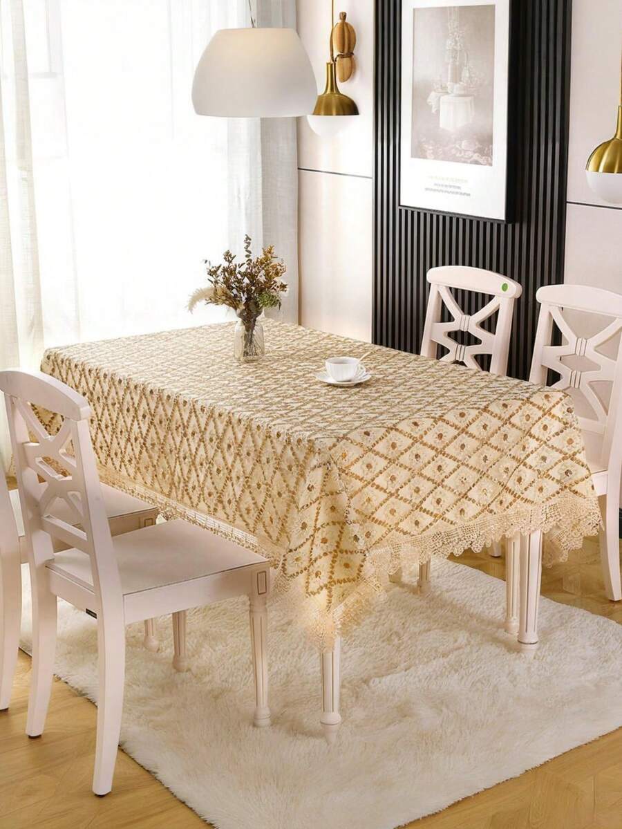 HXARTMIS 1pc Gold Sequin Embroidered Geometric Pattern Rectangular Tablecloth, Elegant Embroidered Oblong Table Cover With Scalloped Edges, Vintage Dust-Proof Tablecloth For Dining Room, Kitchen, Wedding Party, Home Decor, Suitable For Mother's Day, Father's Day, Valentine's Day And Other Holiday Decorations - Brown - View 1
