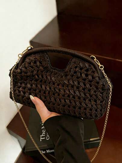 This Black Solid Color Woven Openwork Shoulder/Crossbody Bag Features A Buckle Design, Making It Lightweight, Portable, Stylish, Retro, And Versatile-Perfect For Beach Trips Or Shopping.