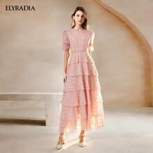 ELYRADIA 女士夏季粉色蕾丝多层长裙，时尚休闲优雅派对正式婚礼场合礼服 - 粉色 - 查看 7