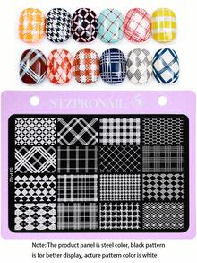 1片格子美甲印花板，菱形格子图案Y2K风格印花模板，美甲配件工具，美甲沙龙用品 - 彩色 - 查看 1