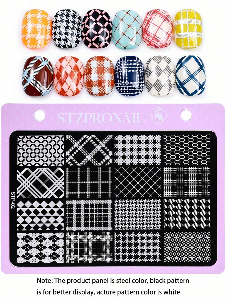 1片格子美甲印花板，菱形格子图案Y2K风格印花模板，美甲配件工具，美甲沙龙用品 - 彩色 - 查看 1
