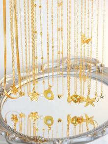 3/6/9pcs Random Elegant Faux Pearl Colorful Crystal Star, Moon, Heart, Flower, Butterfly, Shell, Bow, Cross, Geometric Pattern Necklace Set, Suitable For Dates, Parties, Balls, Festivals, Birthdays, Daily Wear - Yellow Gold - View 3