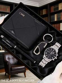 Conjunto de 4 piezas de relojes de cuarzo minimalistas de negocios, reloj de hombre plateado con set de accesorios de negocios (incluye reloj de hombre, billetera, bolígrafo, llavero), opción de regalo y accesorio popular para hombres - Plateado - Ver 1
