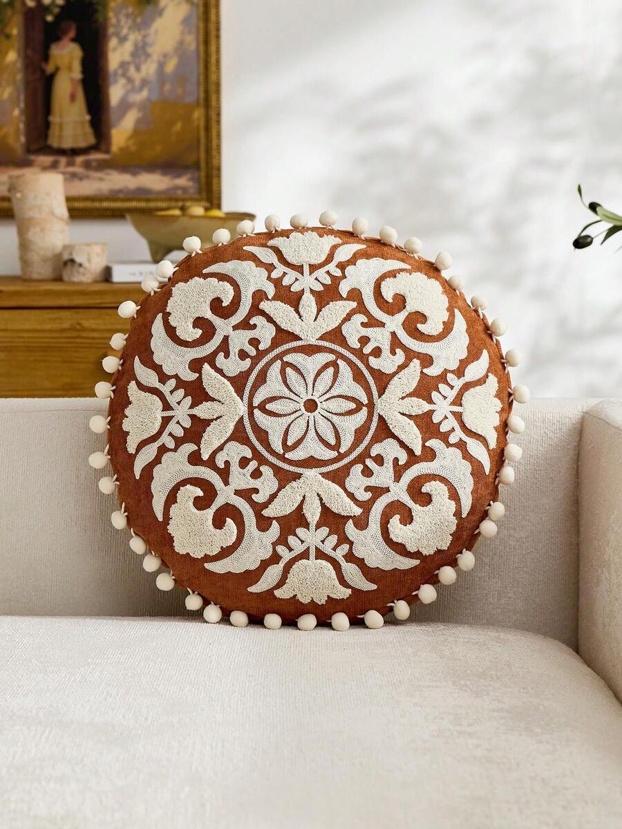 1 Stück traditioneller runder Kissenbezug mit orange Medaillon Stickerei, Frühlings-/Sommer Blumen Kissen, geeignet für Inneneinrichtung, Kissenbezug für alle Jahreszeiten, Kissenfüllung nicht enthalten