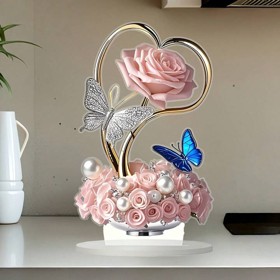 1 placă decorativă cu design artistic 2D, material acrilic 2D cu trandafir romantic, fluture strălucitor și decor de perle, potrivită pentru casă, birou, cafenea, grădină, ornament versatil pentru birou, birou, rechizite de birou, decor de birou