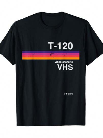 Camiseta Vintage con Diseño de Cinta de Video VHS - Diseño Nostálgico de los 80s y 90s, 200g, Rayas Negras, Corte Regular, Manga Corta, Ropa Casual para Hombre, Camiseta Vintage de Algodón