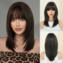 Dark Brown Layered Wig For Women 18 Inch Elegant Shoulder Length Straight Wig With Bangs, Natural Looking Soft Heat Resistant Fluffy Glueless Synthetic Fiber Wig For Daily Wear, Beginners Wigs Accessories, Mother's Day Gifts - 深棕色 - 查看 10