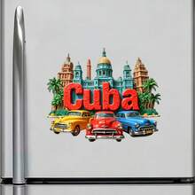 Relief Classic Cars Colonial Architecture Havana Magnet: Vintage American Cars, Pastel Colonial Facades & Palm Trees, Raised Gold-Toned "" Lettering – A Vibrant Slice Of Havana's Retro Caribbean Charm For Your Fridge - Cuban Classic Cars - View 2