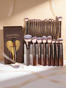 MAANGE 5pcs/13pcs/15pcs/25pcs Professional Makeup Brush Set, Includes Velvet Makeup Bag, Makeup Pouch, 13pcs Soft Long Aluminum Tube Makeup Brushes Set + 2pcs Makeup Sponge Accessories, Containing Powder Brush, Contour Brush, Blush Brush, Highlighter Brush, Eyeshadow Brush, Eyebrow Brush, Lash Brush, Eyeshadow Brush - Coffee Brown - View 6