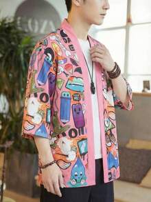 Streetwear Cartoon Graffiti Print 3/4 Sleeve Robe, Loose Fit Lightweight Unisex Kimono Cardigan, Pink - Pink - View 3