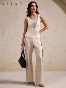 Aliao Sleeveless V-Neck Rhinestone Decorated Vintage Elegant Fitted Vest Top, Suitable For Daily, Casual And Outdoor Wear, Spring/Summer - Apricot - View 4