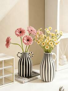 1 Peça Vaso Cerâmico Listrado Minimalista, Preto e Branco, Decoração de Vaso Minimalista Nórdica Criativa, Vaso Floral de Mesa, Design Cilíndrico Adequado para Decoração com Flores Secas/Frescas, Adequado para Sala de Estar, Escritório, Escrivaninha, Decoração Zen de Estilo Chinês Moderno - Versão do irmão - Visão 3