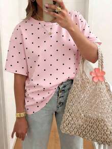 Camiseta Casual de Manga Corta para Mujer, Talla Grande, Cuello Redondo, Color Rosa Claro con Estampado de Lunares, para Verano - Colores mixtos - Ver 4