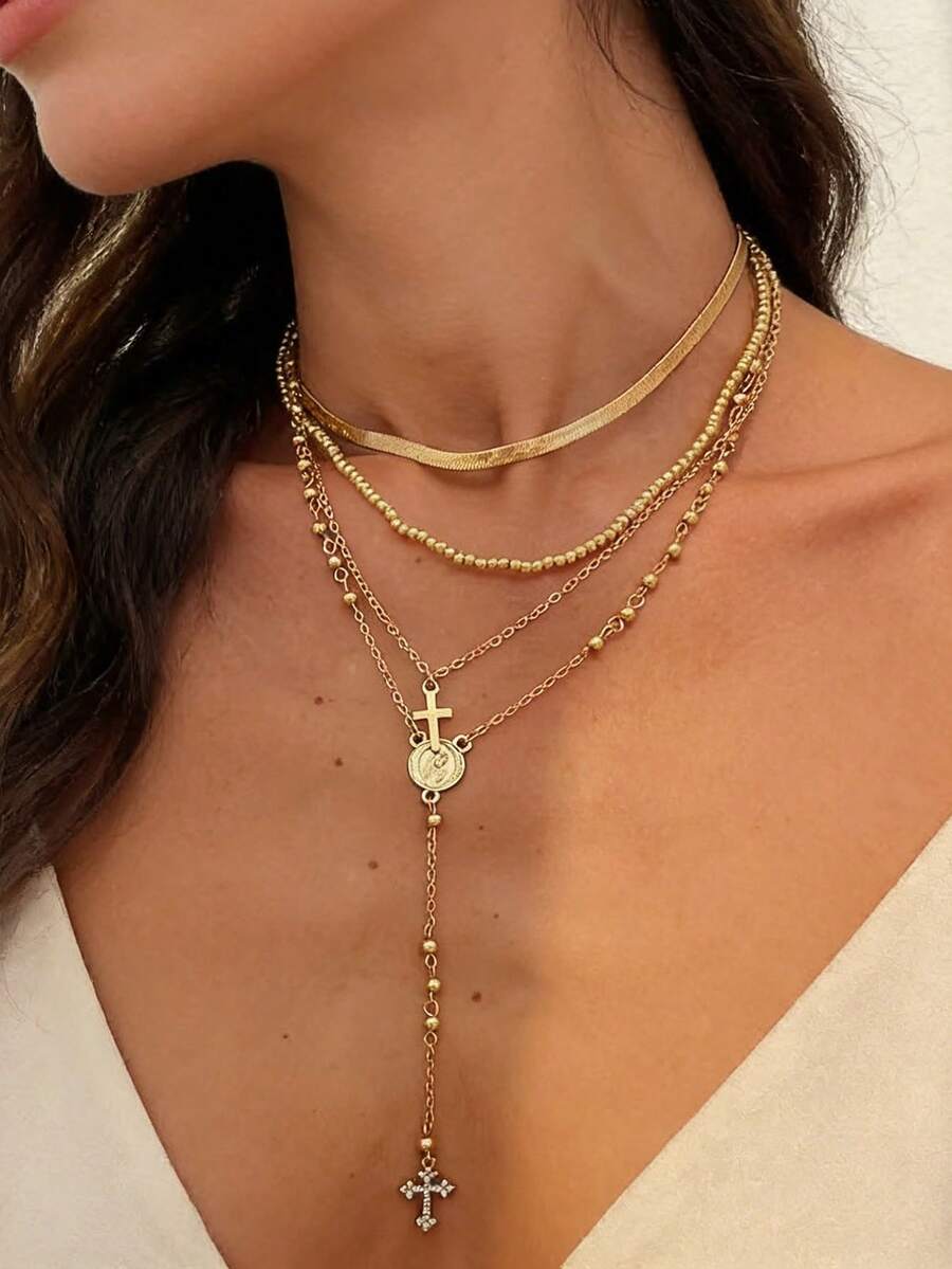 4件套多层串珠项链，波西米亚风格串珠，十字架和圣母玛利亚吊坠，适合夏季、度假、祈祷、洗礼等场合佩戴 - 款式8 - 查看 1