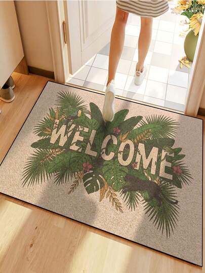 1 pieza Felpudo con patrón de "Bienvenida" de hojas tropicales, estilo minimalista de felpa corta de secado rápido y antideslizante, lavable, adecuado para cocina, baño, comedor, pasillo, fiestas, reuniones, vacaciones, decoración de patio, hogar, habitación, ambiente otoñal