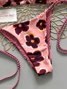 2pcs Retro Floral Colorblock Plaid Print Bikini Swimwear, Suitable For Beach, Pool, Cruise, Party In Spring & Summer Vacation - Watermelon Pink and Purple - View 5