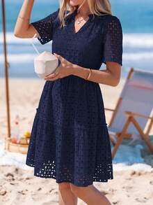 PRETTYGARDEN Women's Summer Dress V-Neck Hollow Eyelet Ruffle A-Line Hem Elegant Short Casual Wedding Graduation Travel Beach Holiday Vacation Navy Blue Dresses For Women - 藏蓝色 - 查看 4