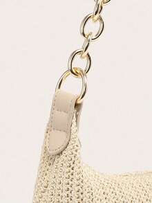 Straw Woven Chain Shoulder Tote For Women, Roomy Beach Vacation Bag, Summer Holiday Essential - Màu be - Xem 5