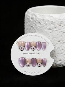 10片手工制作的杏仁形假指甲，紫色猫眼效果，3D立体花朵贴花，法式风格。可重复使用，易于快速卸除。包含美甲工具，如凝胶胶和指甲锉。 - 紫色 - 查看 2