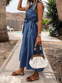 Đầm midi denim không tay cài cúc dành cho nữ, có cổ và túi, kiểu dáng chữ A thắt dây thoải mái, thích hợp cho mùa xuân. - Rửa tối - Xem 4