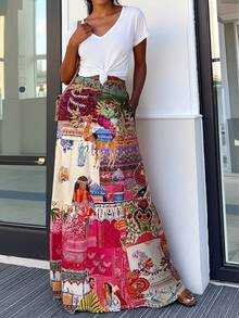 Women's Fashion Vacation Style Printed Versatile Casual Skirt, Retro Pattern For Summer Outings And Photos - Red - View 3