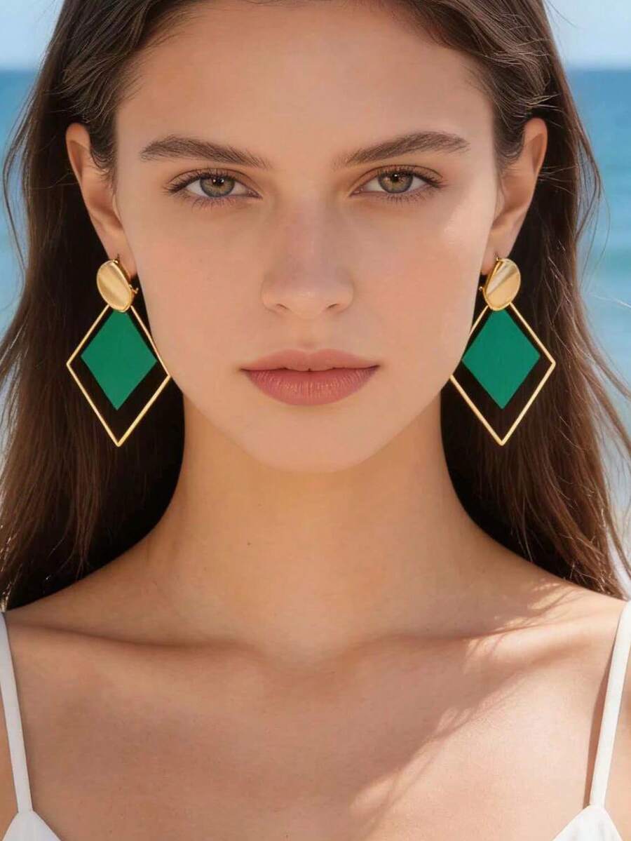 imoli 1 Pair Vintage Geometric Square & Round Metal Hoop Earrings For Women, Creative Gift For Dates