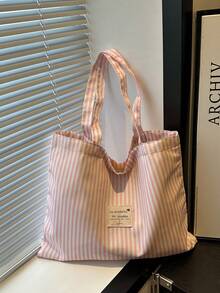 Túi tote vải canvas sọc dung tích lớn mới 2026 cho nữ, túi đeo vai sọc phong cách retro trang trí nhãn vải, cấu trúc canvas nhẹ thoáng khí với thiết kế miệng rộng, phù hợp đựng laptop, sách, mỹ phẩm, đồ dùng hàng ngày, lý tưởng cho đi làm, đi học, du lịch cuối tuần - Hồng - Xem 7
