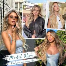 Clip in Synthetic Hair Extensions Long Wavy 4PCS Thick Hairpieces Light Brown mix Golden Blonde Fiber Double Weft Natural Hair Extensions 24 Inch for Women - Mezcla de castaño claro y rubio dorado - Ver 4