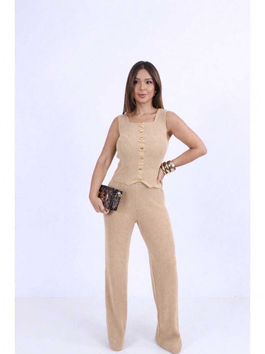 Classic Women's Pants And Vest Set With Buttons - Cream - View 1