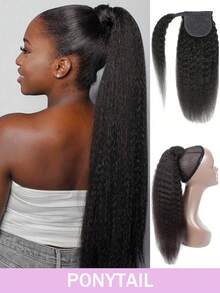 卷曲直发马尾辫，真人发，带环绕式魔术贴，巴西发夹式真人发马尾辫接发，女士适用，自然黑 - Natural Black - 查看 2